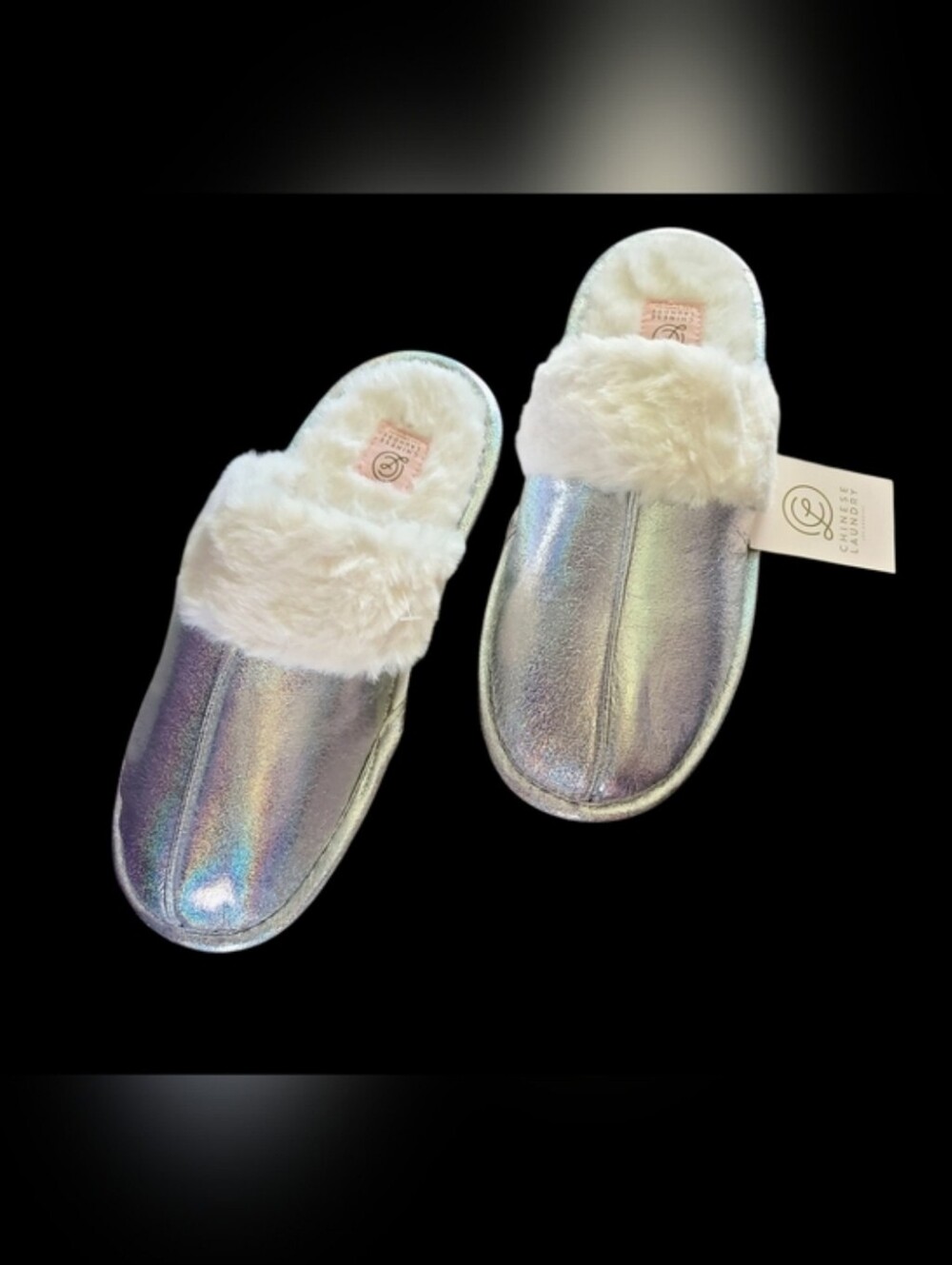 Chinese Laundry Silver Metallic Faux Fur Slippers. 